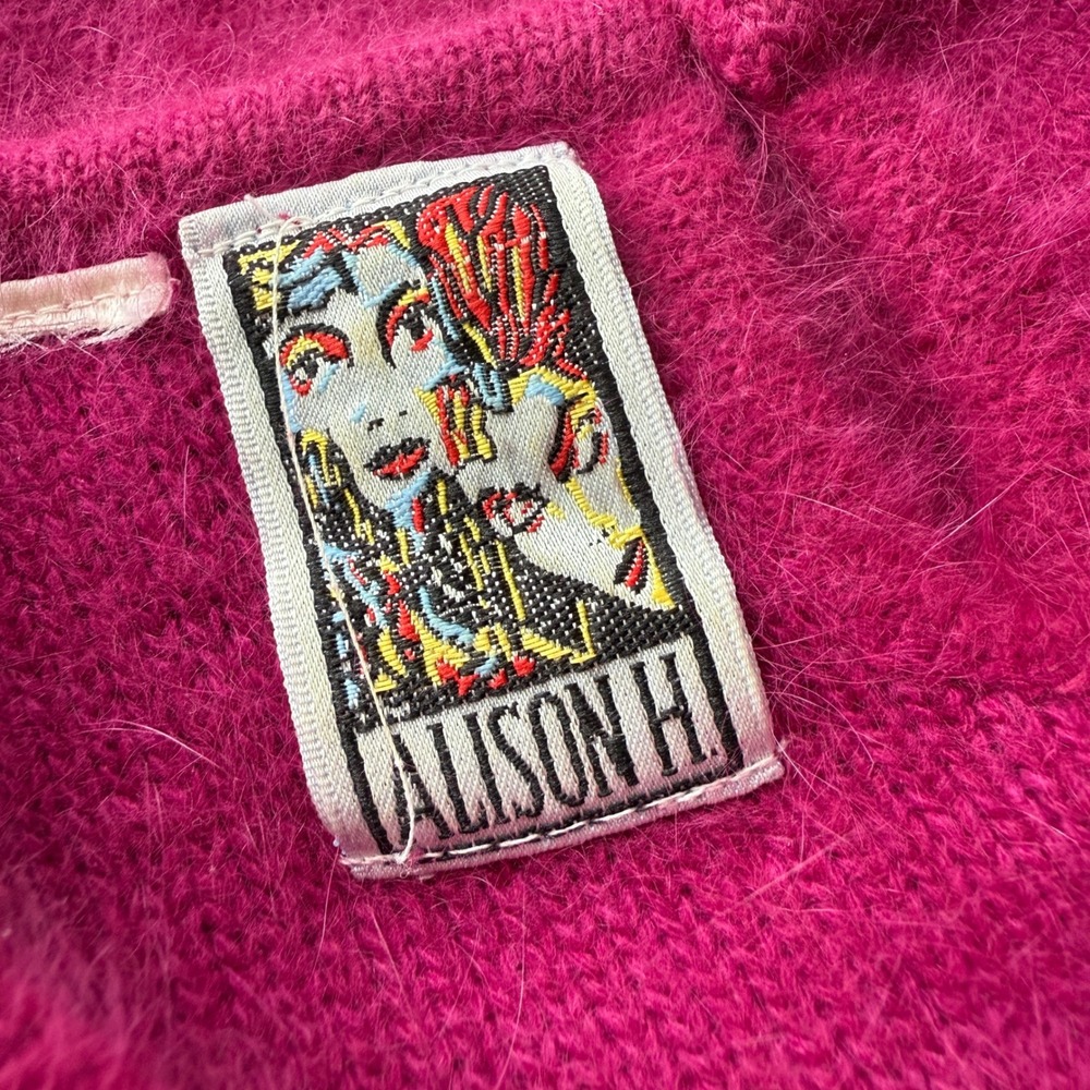 Vintage Angora Blend Sweater Beaded Floral Fuchsia Fuzzy 80s M Grandmacore - Picture 10 of 16